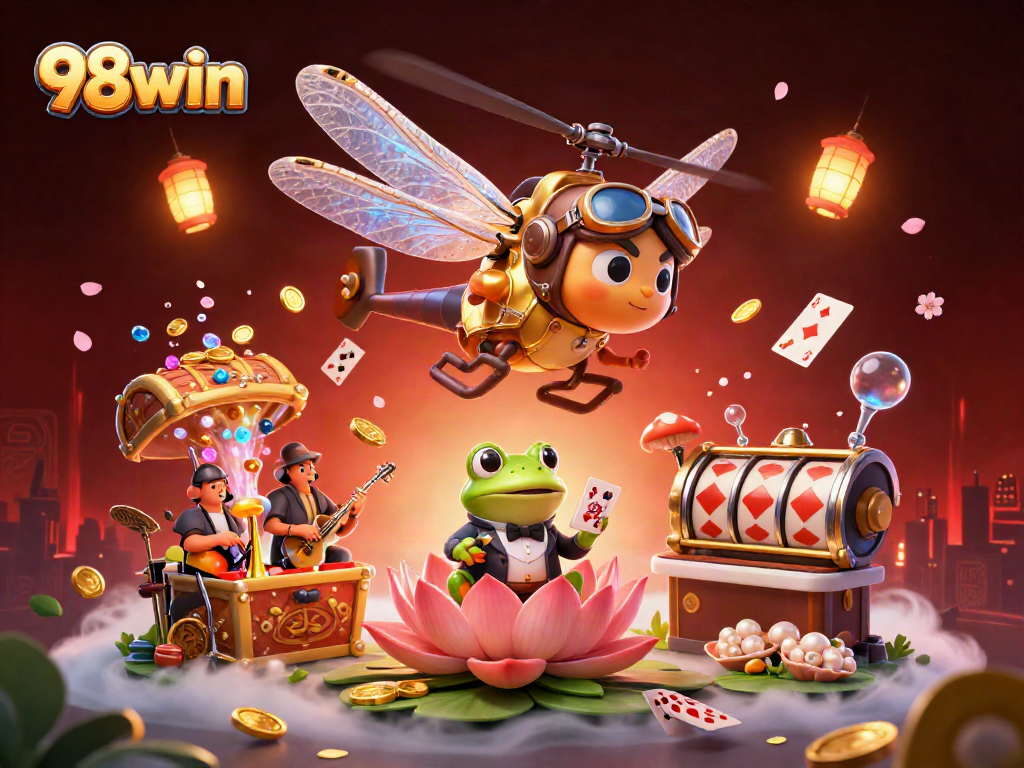 Engage with 98win's vibrant casino scene featuring a dragonfly pilot, frog croupier, and lively musicians.