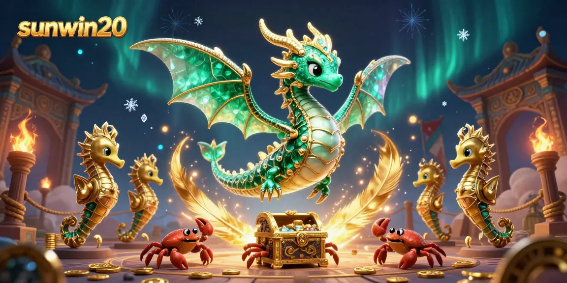 Experience sunwin20 with an exciting illustration of a sea dragon and treasure in a vibrant casino scene.