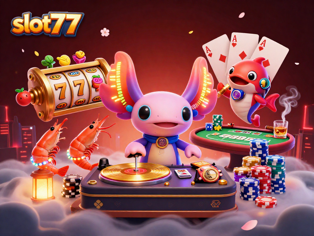 Experience excitement at slot777 with colorful neon characters and engaging casino elements at play.
