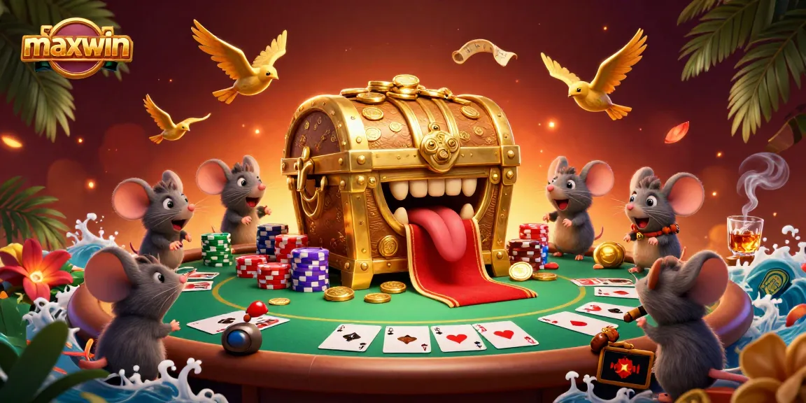 Spin to win at maxwin in a vibrant casino scene filled with treasures and poker excitement.
