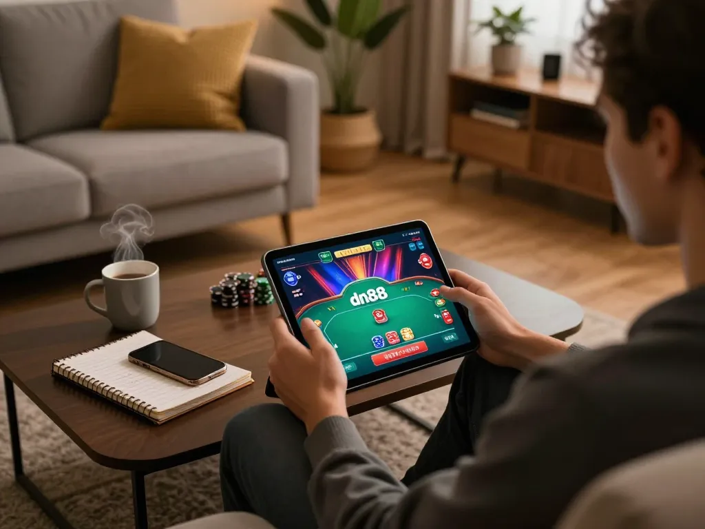 Using the app dn88 for online poker gaming on a cozy tablet setup in a stylish living room.