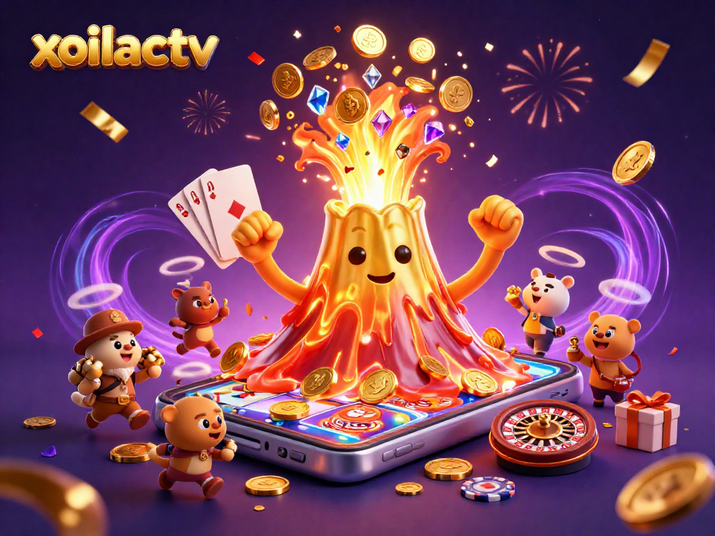 Experience excitement with xoilactv as a golden volcano erupts treasures amidst casino games.