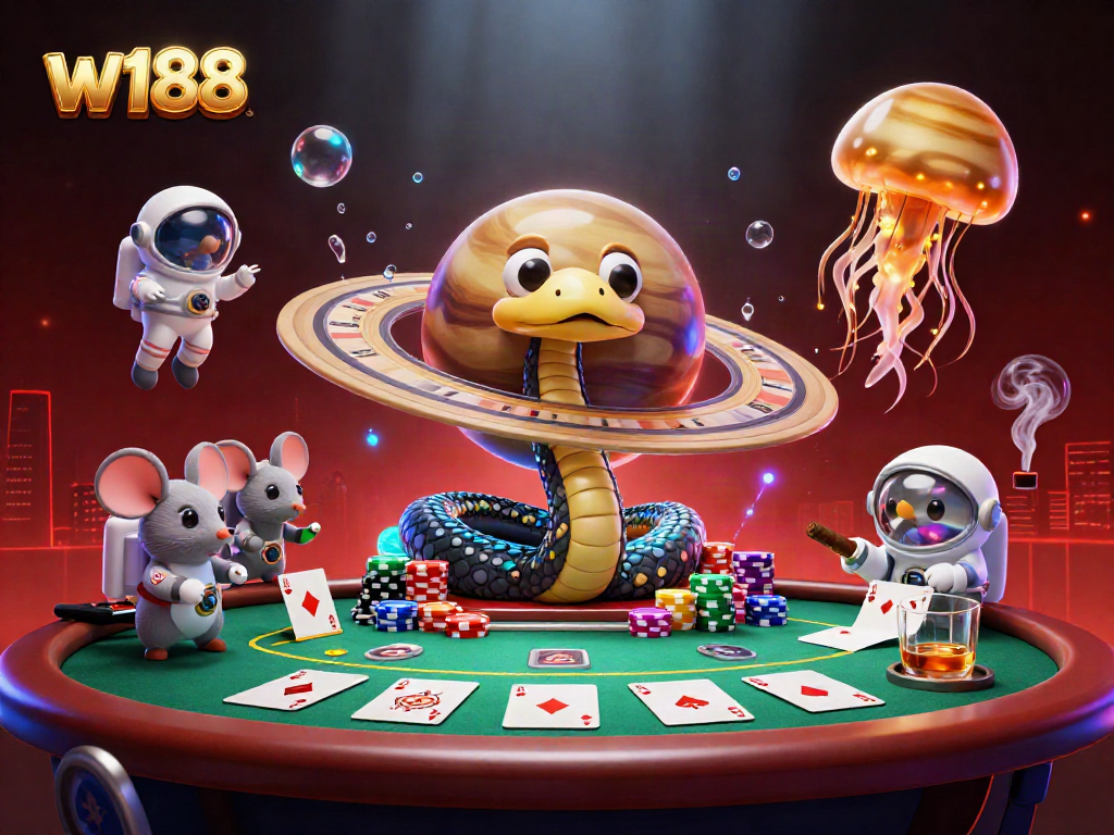 Experience w188's thrilling gameplay with 3D cartoon characters betting in a cosmic casino setting.
