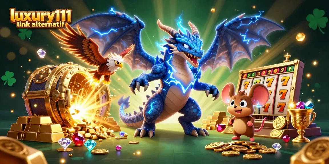 Spin and win with luxury111 link alternatif in a vibrant casino scene featuring a dragon and treasures.