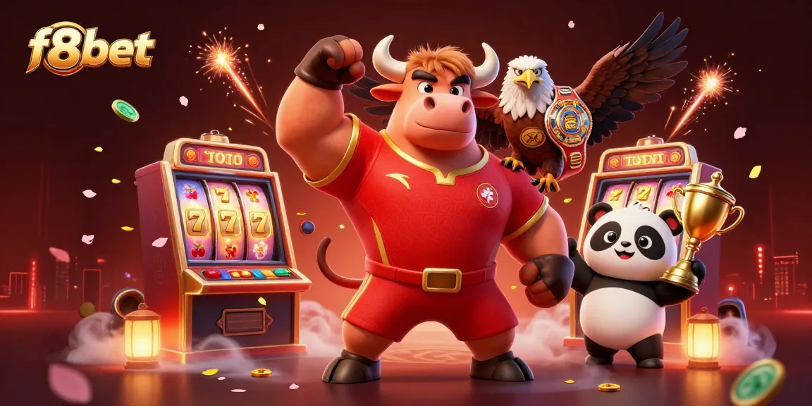 Experience high-stakes gaming fun with f8bet's vibrant 3D casino illustration featuring a dynamic mascot scene.