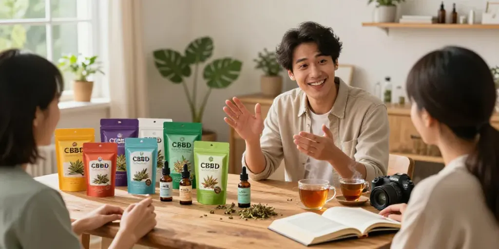 Experience the magic of CBD kaufen with a warm e-commerce scene featuring diverse products and friendly interactions.