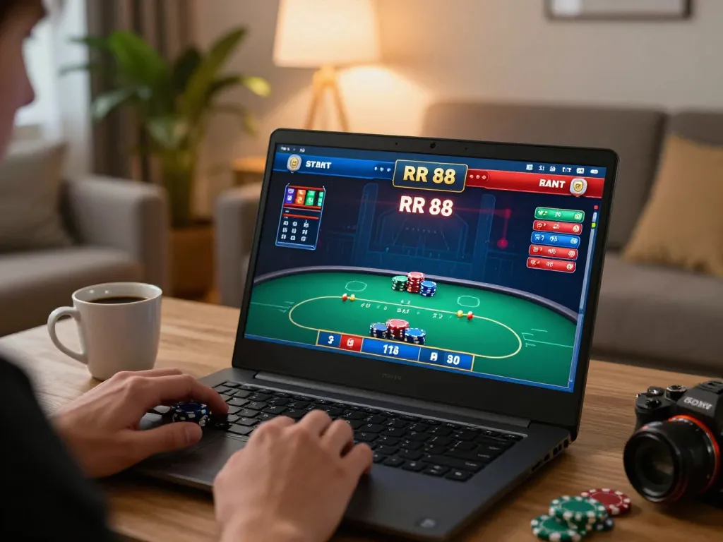 Engaging player using RR 88 online poker interface from cozy living room, emphasizing strategic gameplay.
