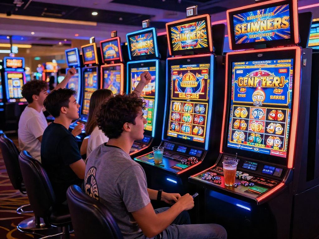 Players at a casino celebrating a slot bonus win amidst vibrant lights and excitement.