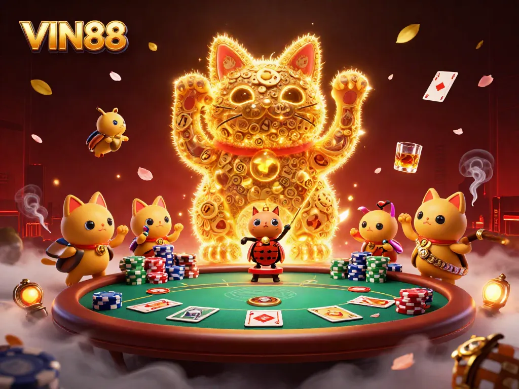 Experience the thrill of VIN88 in an ultra-detailed casino scene with a giant lucky cat and poker elements.