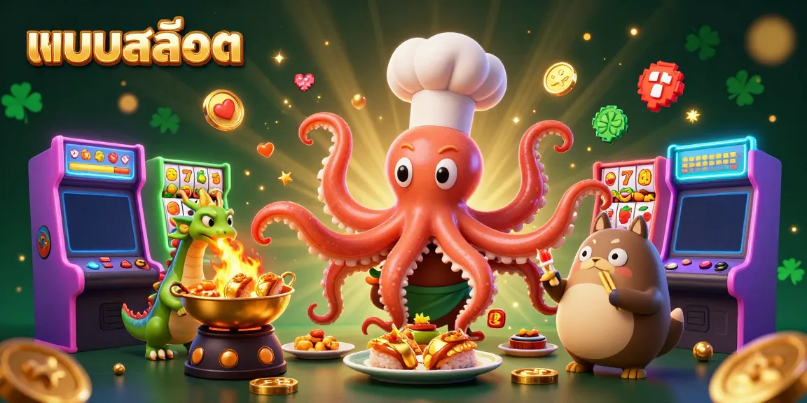 Engage with แบบสล็อต as the cartoon octopus chef, dragon, and tanuki enjoy a vibrant casino atmosphere.