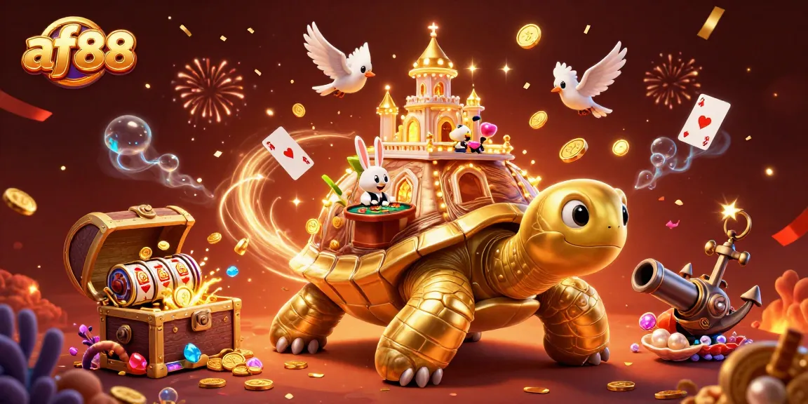 Experience winning strategies at af88 with a vibrant casino scene featuring a golden tortoise and lively gameplay elements.