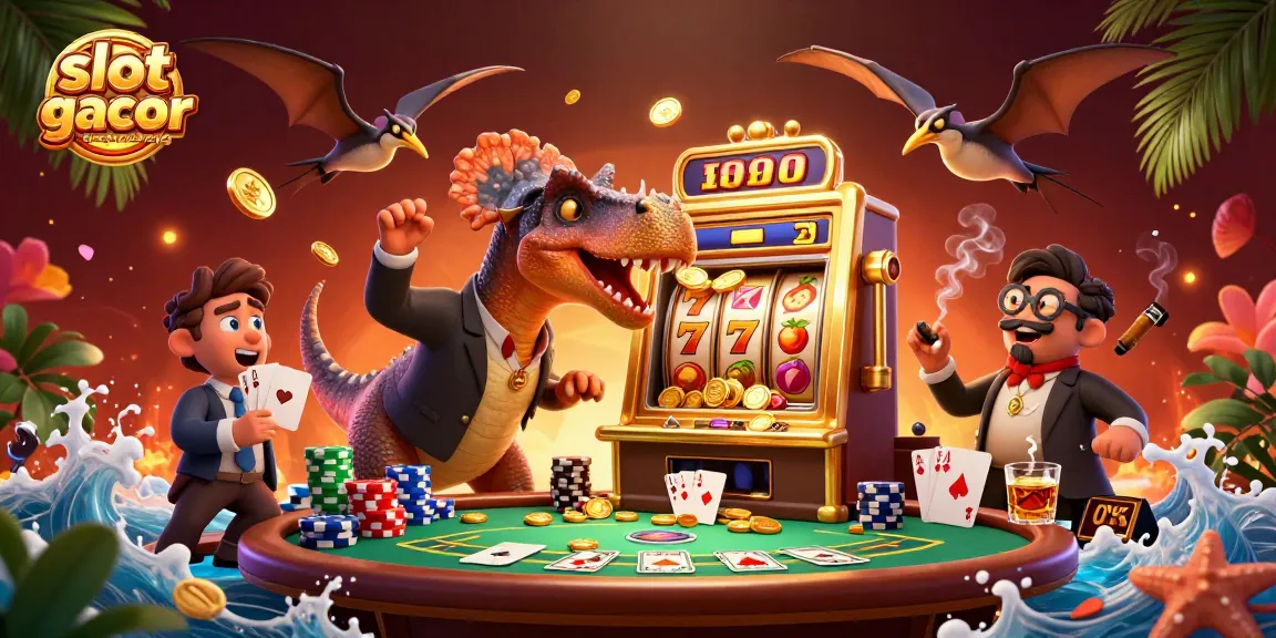 Slot gacor terpercaya menampilkan dinosaurus memukul mesin slot yang mengeluarkan koin jackpot.