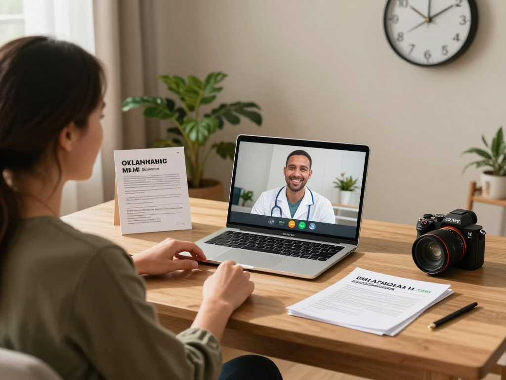 Oklahoma MMJ doctor conducting a telemedicine consultation with a patient in a cozy home office.