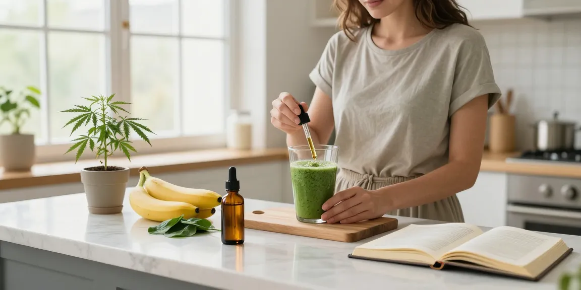 Muha meds CBD oil featured in a morning wellness routine with fresh ingredients and a hemp plant for natural health.
