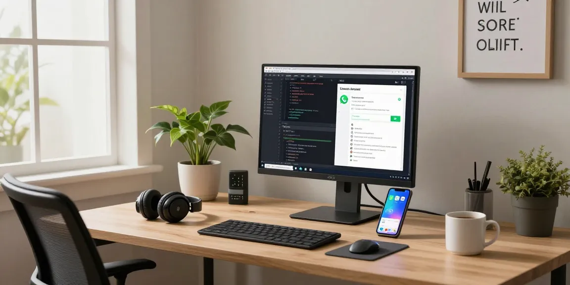 Engaging home office scene with WhatsApp電腦版 on the screen, showcasing productivity and modern workspace layout.