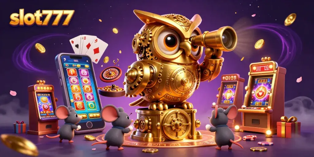 Slot777 menyajikan ilustrasi 3D dengan karakter hantu emas yang mengawasi permainan slot yang menarik, dikelilingi oleh elemen permainan.