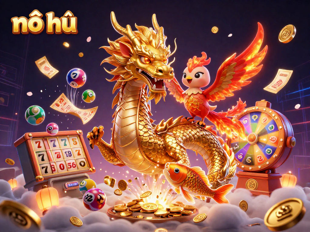 Experience the thrill of nổ hũ with dynamic visuals showcasing slot reels and golden coins.