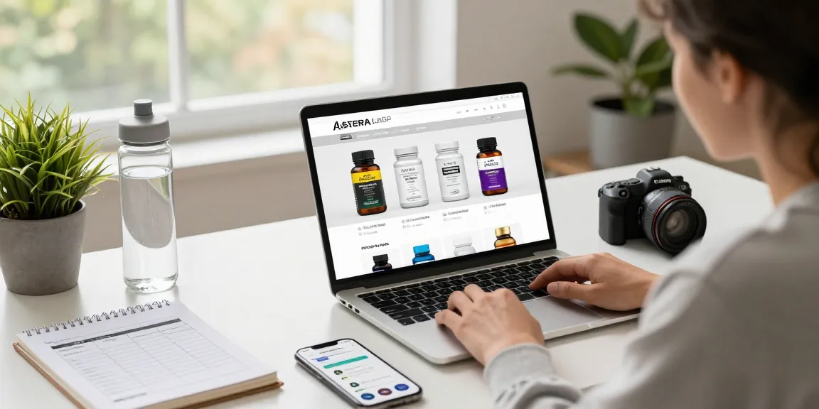 Shopping the Astera Shop for quality steroids in a modern home office scene, showcasing a vibrant and focused atmosphere.