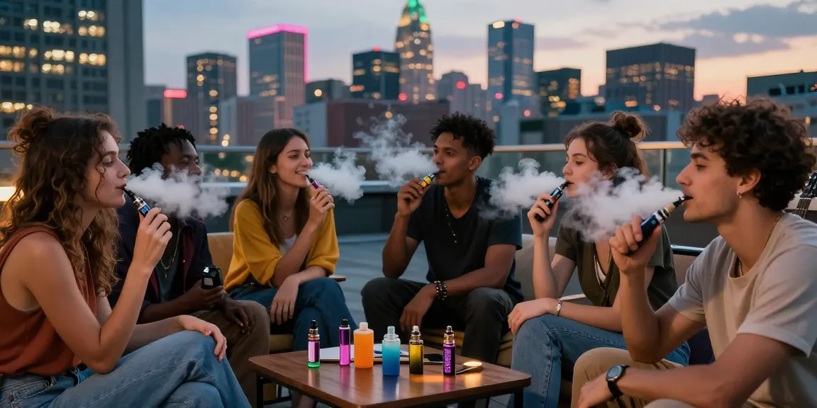 Friends enjoying weed vapes UK on a rooftop at twilight, capturing vibrant socializing and urban atmosphere.
