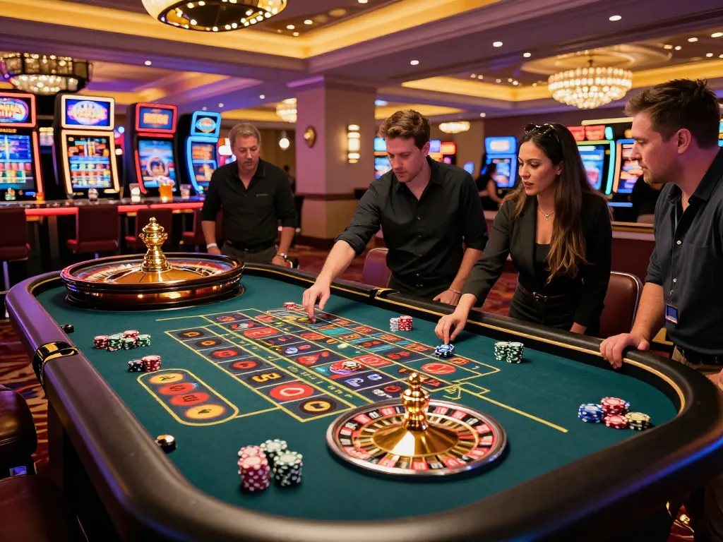 Players engaged at a roulette table in a vibrant Vegas casino, showcasing the excitement of S8 gaming.