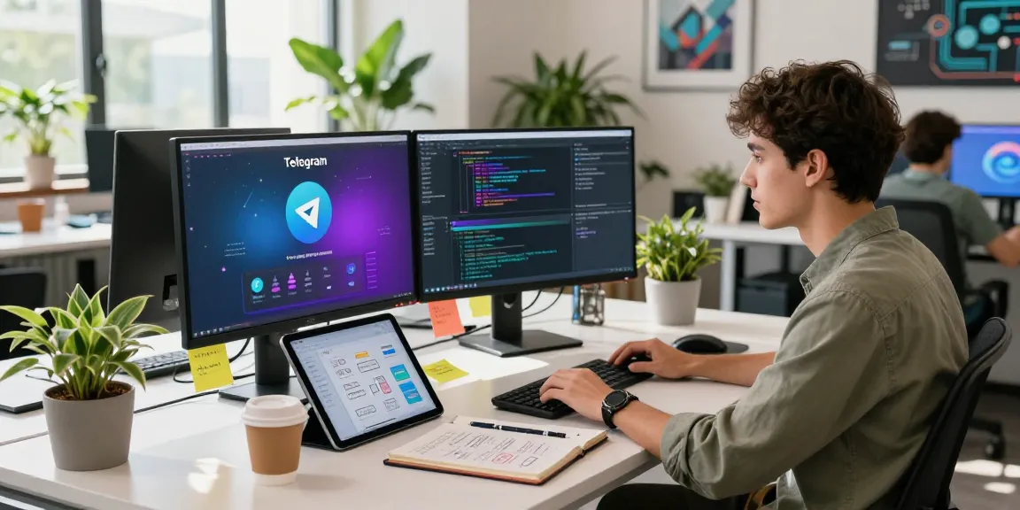 Developer showcasing features of telegram官网 in a vibrant tech workspace.