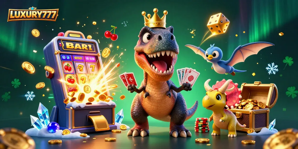 LUXURY777 menawarkan pengalaman bermain slot yang menguntungkan dengan karakter dinosaurus lucu dan mesin slot yang meledak.