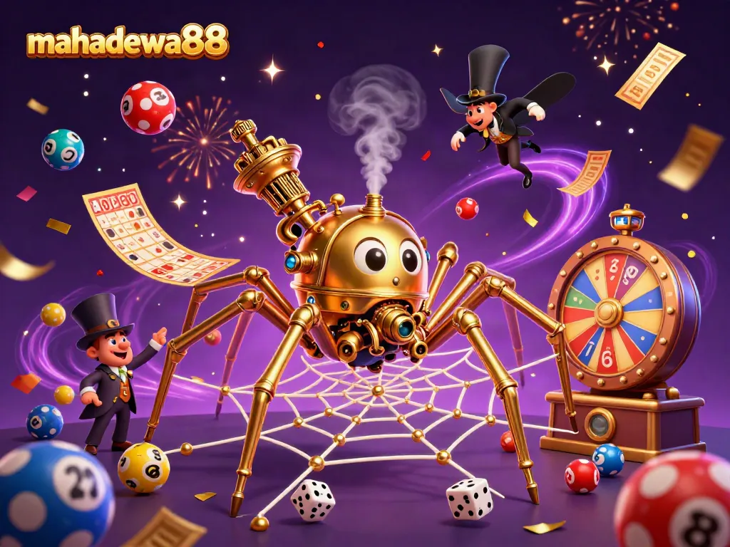 Engage with mahadewa88's thrilling gaming experience featuring a whimsical steampunk spider and vibrant lottery elements.