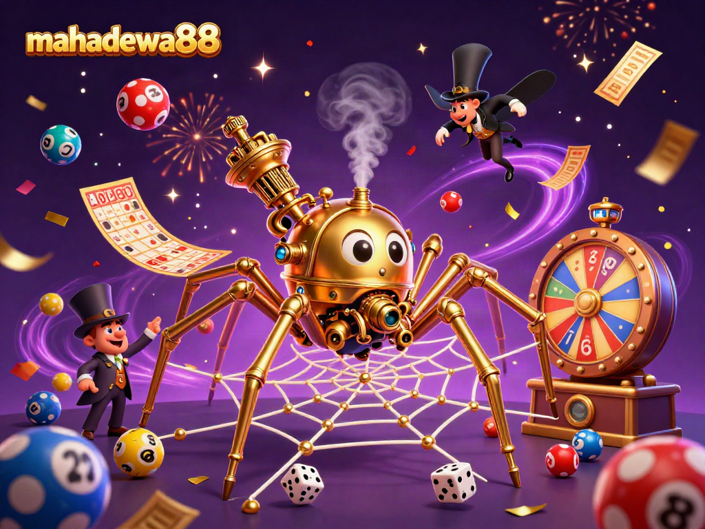 Engage with mahadewa88's thrilling gaming experience featuring a whimsical steampunk spider and vibrant lottery elements.