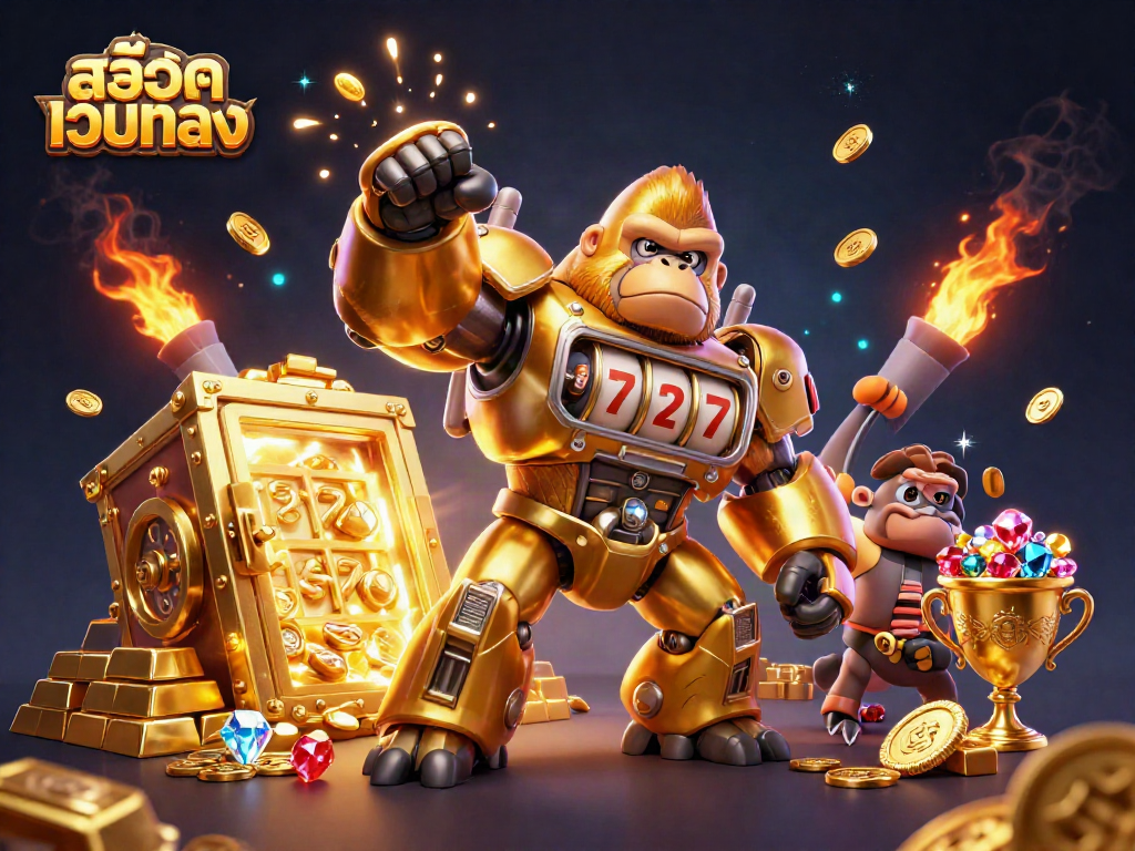Experience the thrill of สล็อตเว็บตรง with a golden gorilla mech and dynamic treasures exploding outward.