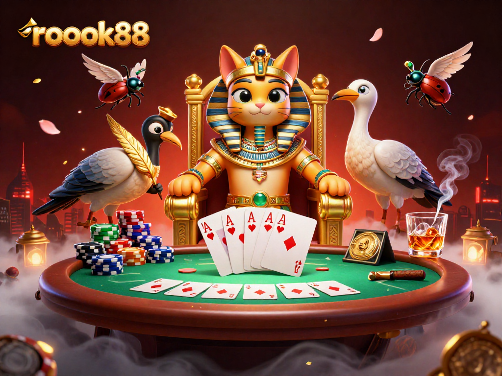 Experience high-stakes action with rokok88 at a vibrant poker table surrounded by royal characters.
