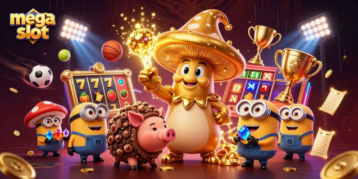 Putaran mega slot yang menguntungkan dengan wizard jamur dan simbol keberuntungan yang melimpah.