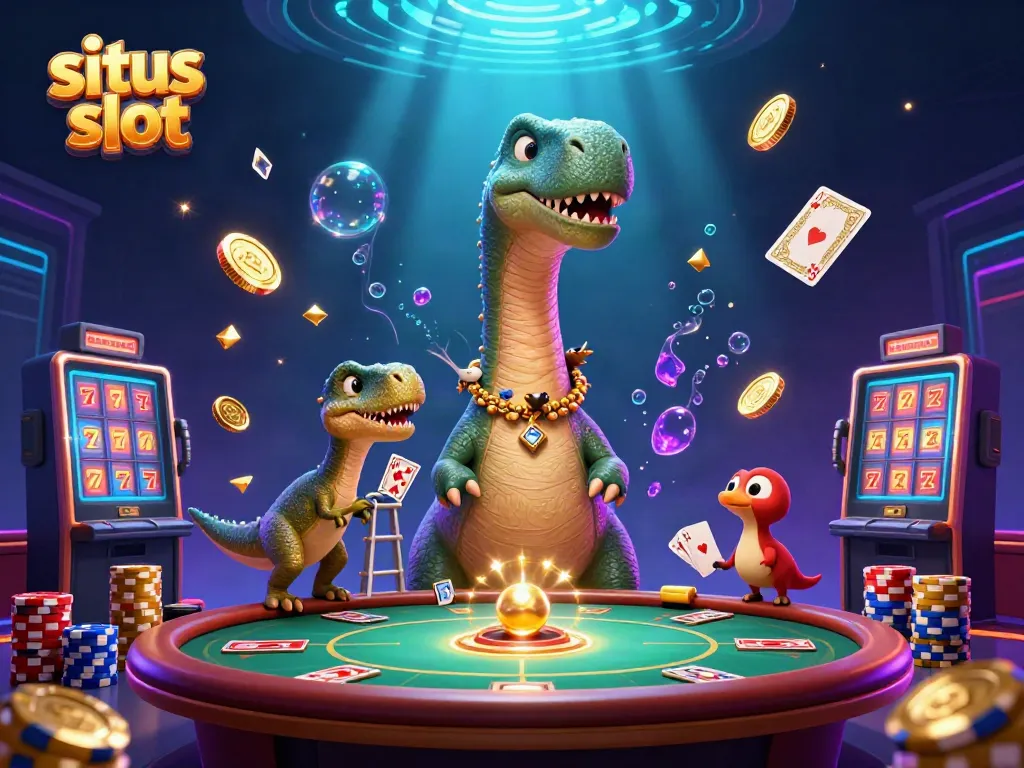 Experience thrilling situs slot action with animated characters in a lively casino scene.