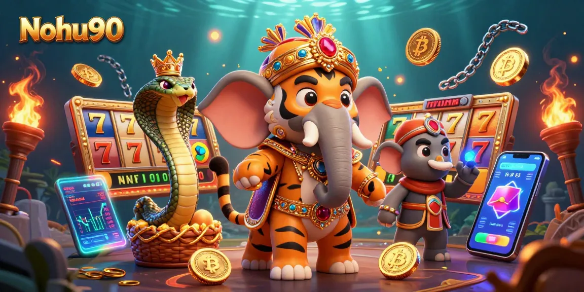 Nohu90 boosts excitement with a vibrant casino scene featuring slots, a majestic elephant, and crypto elements.