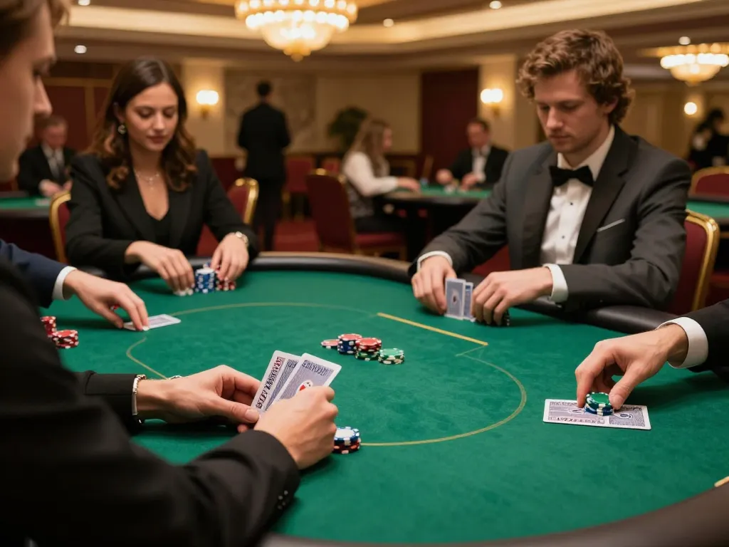 Engaged players at a high-stakes poker table on 388bet, showcasing strategic gameplay and luxury environment