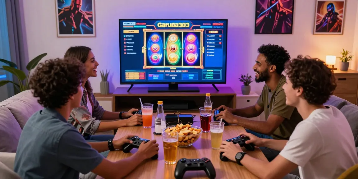 Exciting group gaming session featuring Garuda303 slot on screen, vibrant atmosphere, snacks, and friends enjoying online slots.