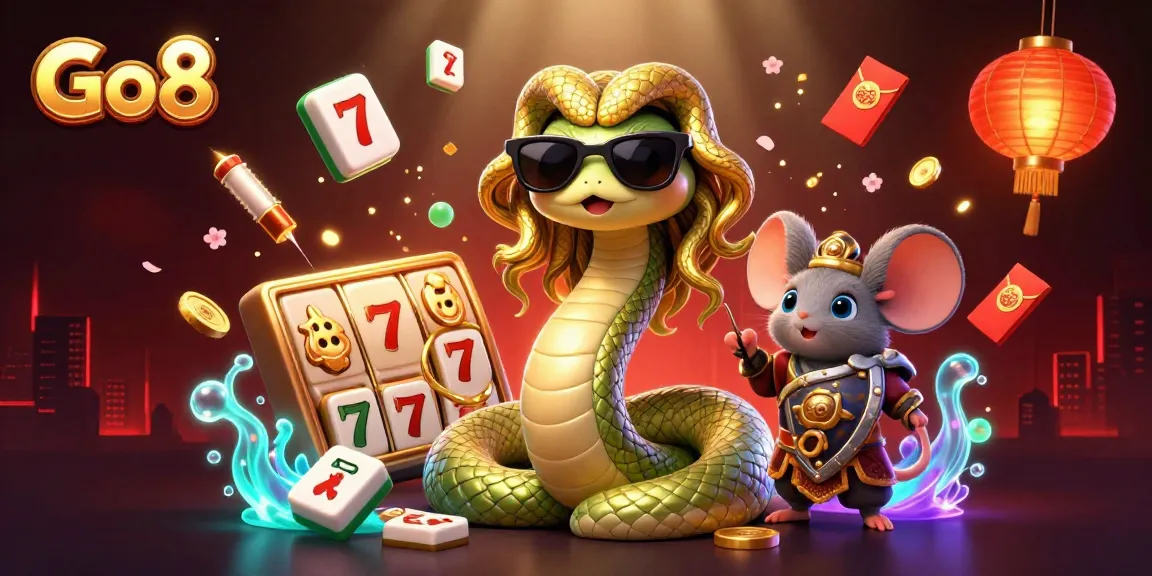 Experience the vibrant excitement of Go8 with a dynamic casino-themed 3D scene featuring Medusa and warrior mouse.