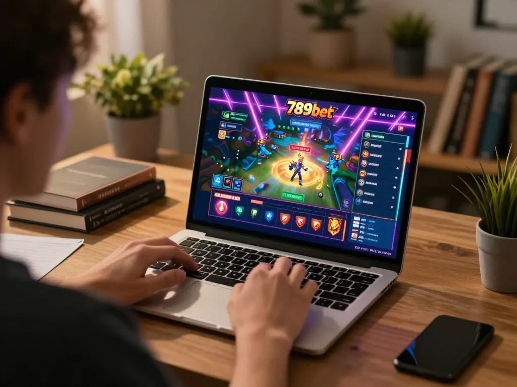 Player engaging with 789bet online casino on laptop, showcasing thrilling gameplay and strategic betting.