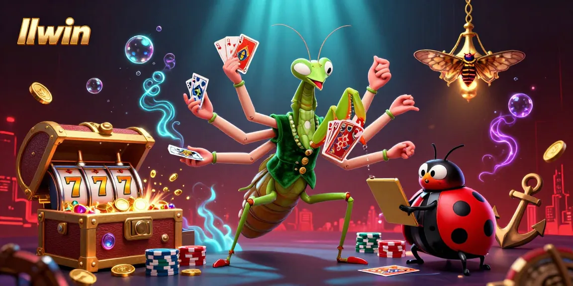 llwin showcases vibrant casino action with a giant praying mantis card sharp and colorful gaming elements.