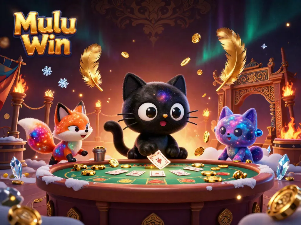 Mulu Win showcases a captivating scene of a black hole cat and nebula fox at a cosmic casino table.