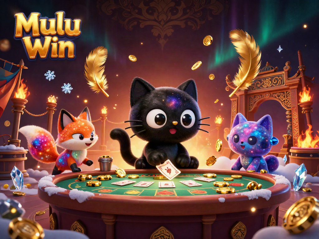 Mulu Win showcases a captivating scene of a black hole cat and nebula fox at a cosmic casino table.
