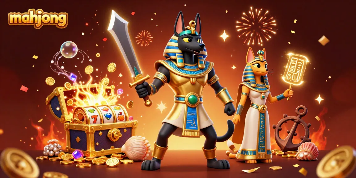 Engage with mahjong-inspired slot reels in an exciting 3D digital scene featuring Anubis and Bastet.