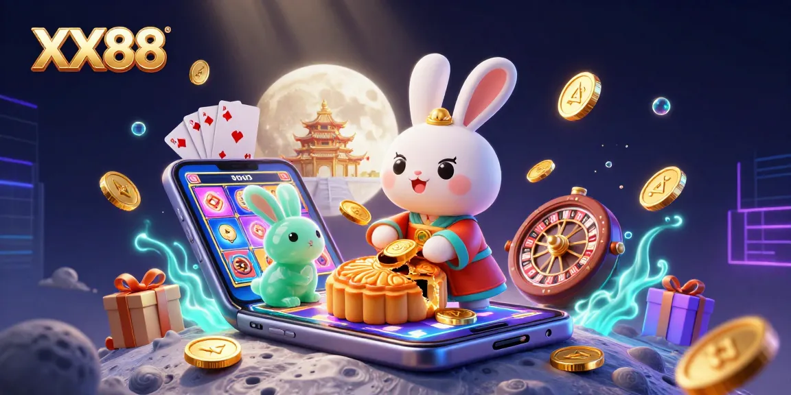 Experience the thrill with XX88 as a moon rabbit bursts open mooncakes revealing poker chips.