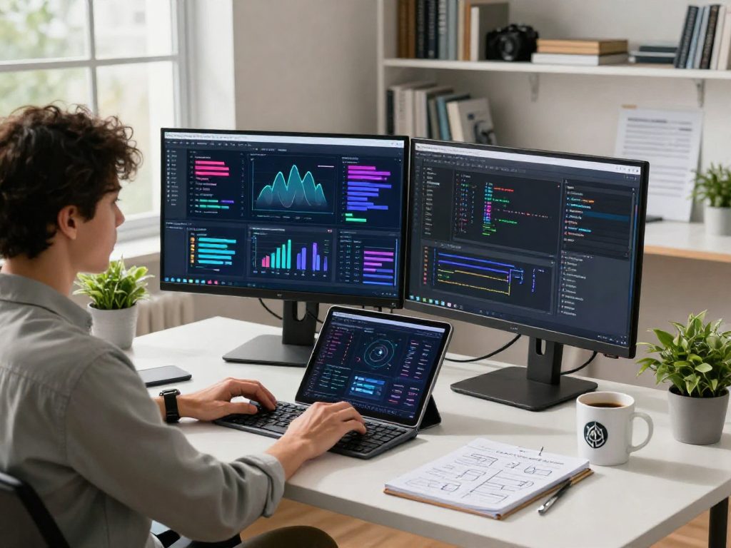 AI image detector in action at a modern tech workspace with dual monitors displaying analytics.