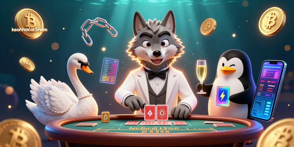 Engage in thrilling games with keonhacai5nam featuring a debonair wolf, swan dealer, and penguin sommelier.