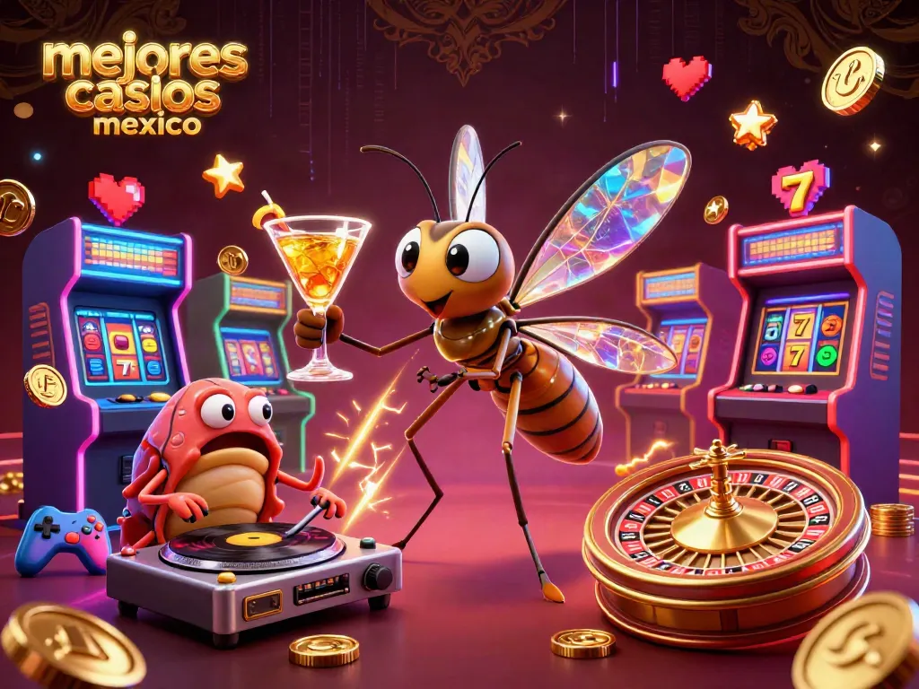 Descubre los mejores casinos online en México con un mosquito caricaturesco y un DJ, todo en un vibrante ambiente de casino