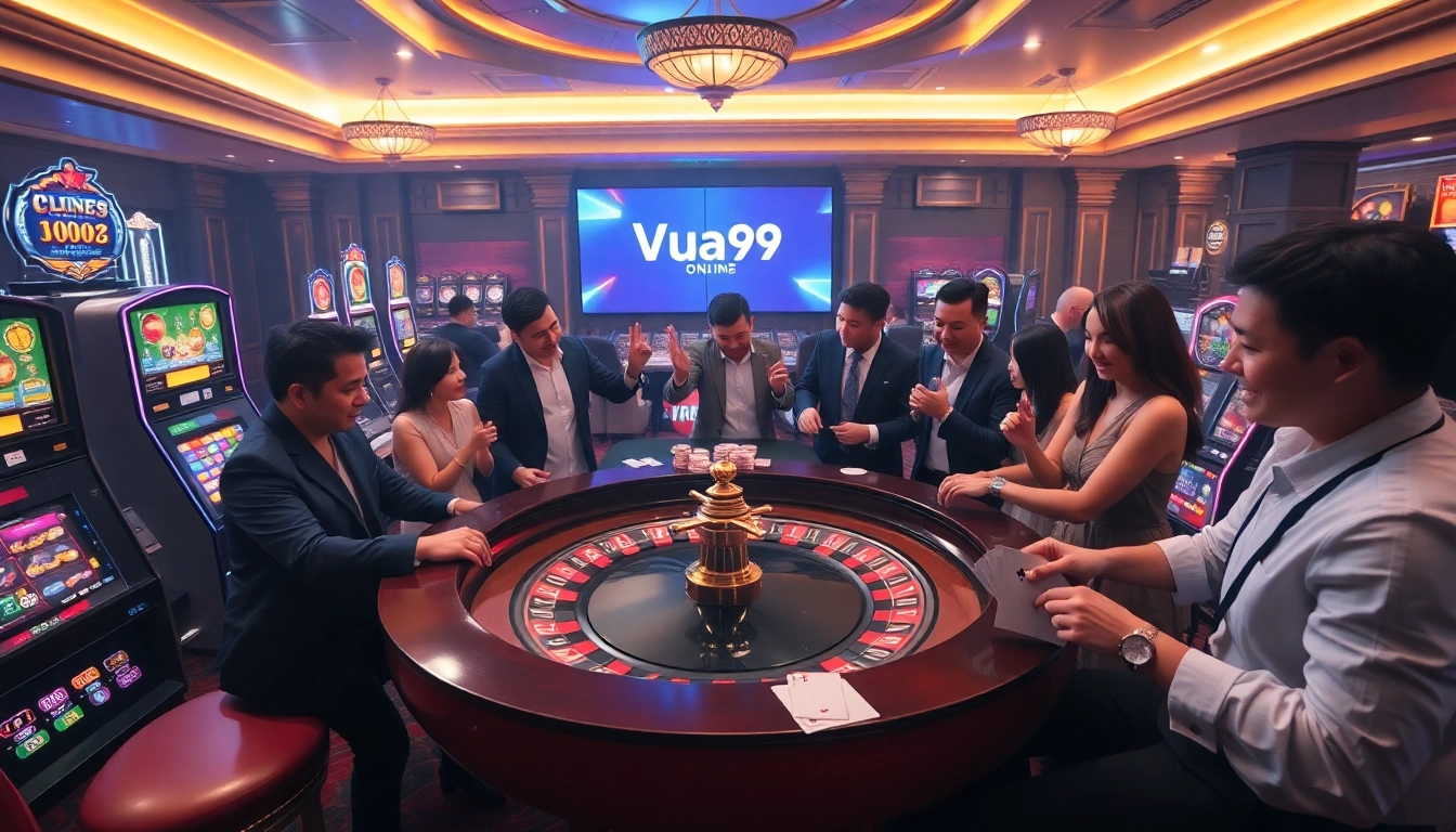Players enjoying a thrilling game at Vua99 casino, surrounded by slot machines and poker tables.