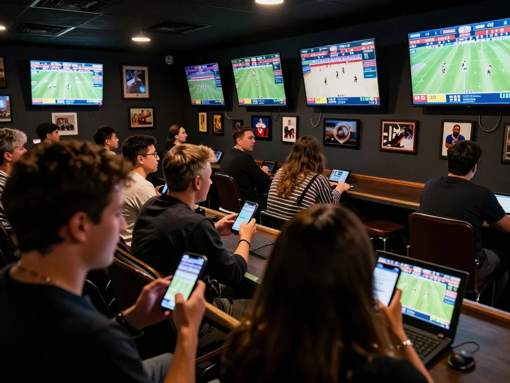 Experience the thrill of keonhacai sports betting as enthusiasts analyze live odds in an exciting lounge.