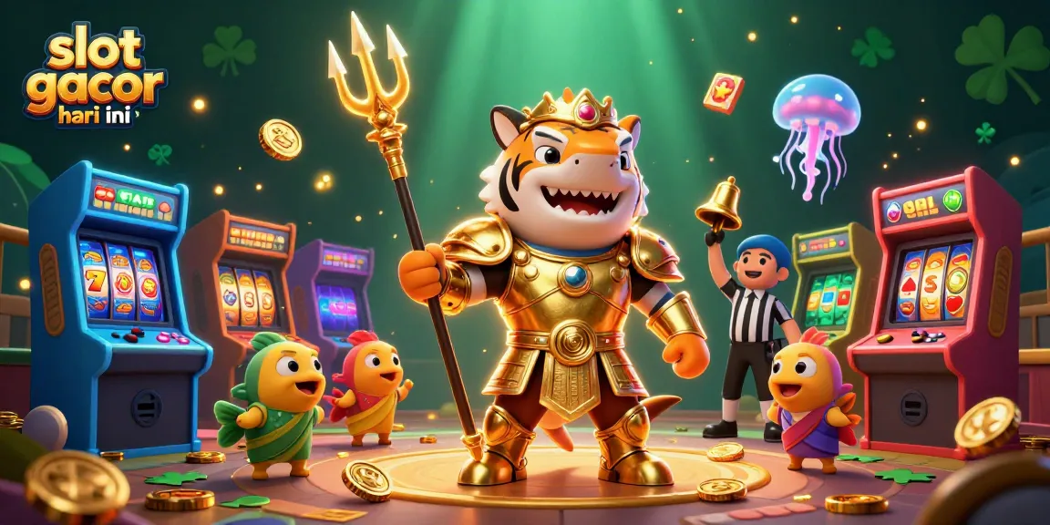 Engage with slot gacor hari ini in a vibrant underwater scene featuring a golden gladiator shark and colorful gaming elements.