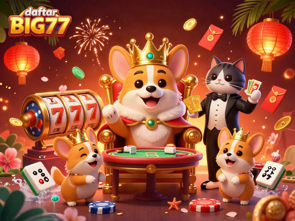 Join the fun with daftar BIG777 while enjoying engaging 3D casino characters and vibrant gaming elements in a colorful illustration.