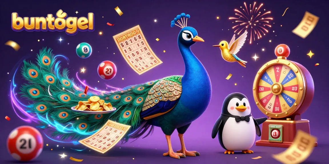 Enhance your chances with buntogel, a vibrant lottery scene featuring peacock and penguin amidst colorful lottery balls.